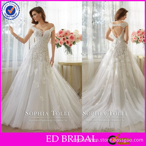 LN179 2016 new lace appliqued off the shoulder a line sexy open back wedding dress